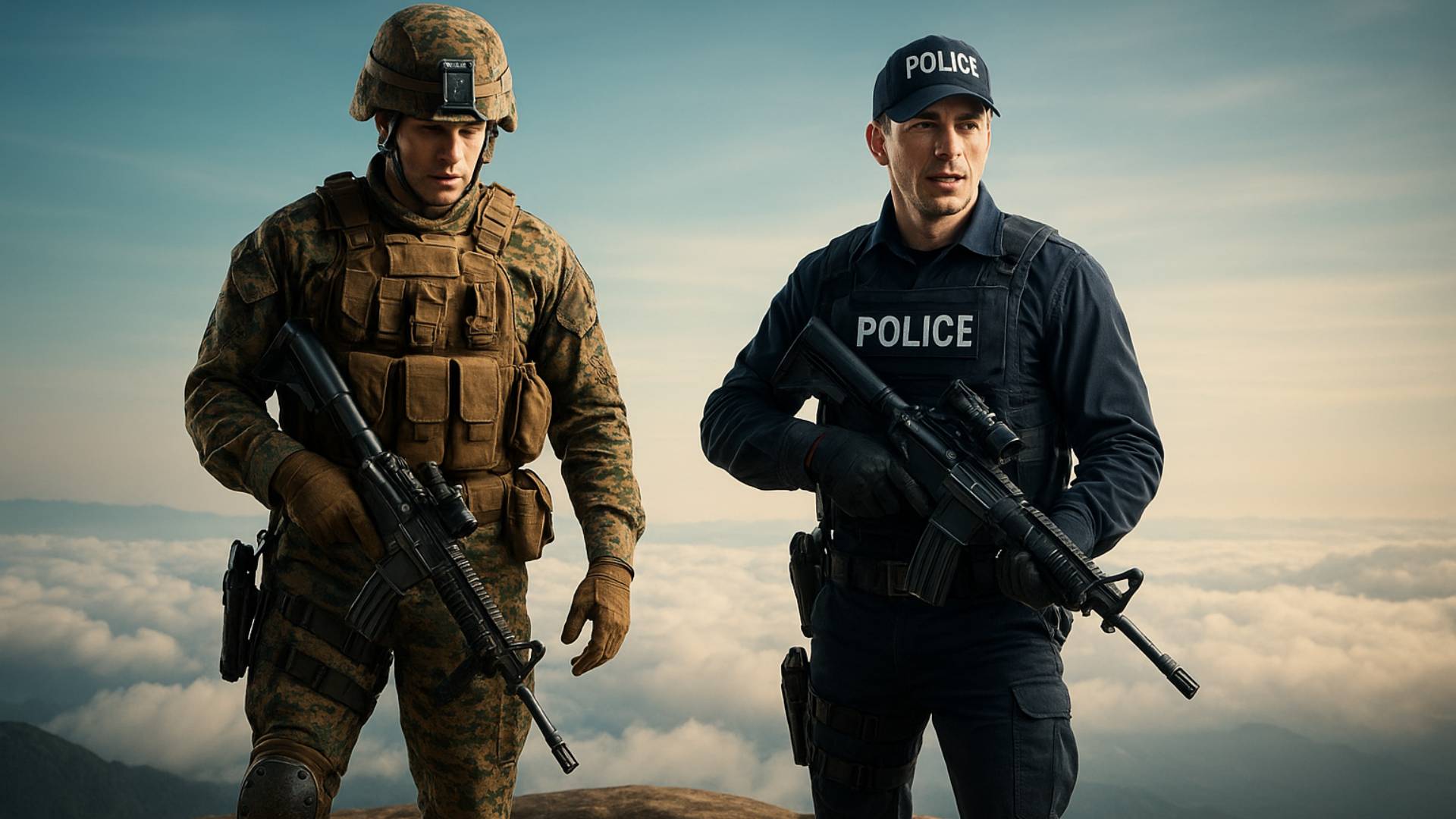 A soldier and a police officer wearing Uniforms Fashion tailored military and police uniforms